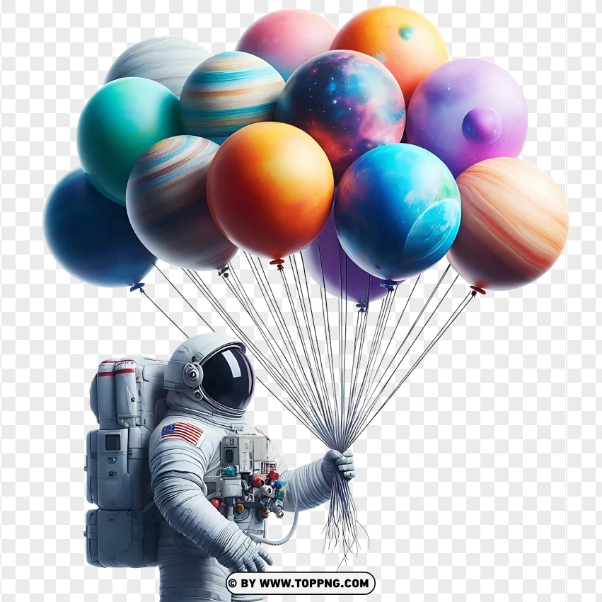 Astronaut Floating With Planet Balloons PNG Transparent Background