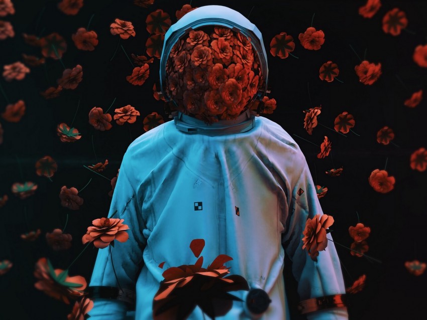 astronaut, flowers, spacesuit, gravity, 3d