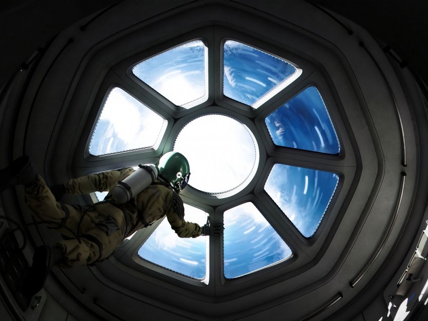 astronaut, porthole, space, spacecraft, weightlessness, gravity
