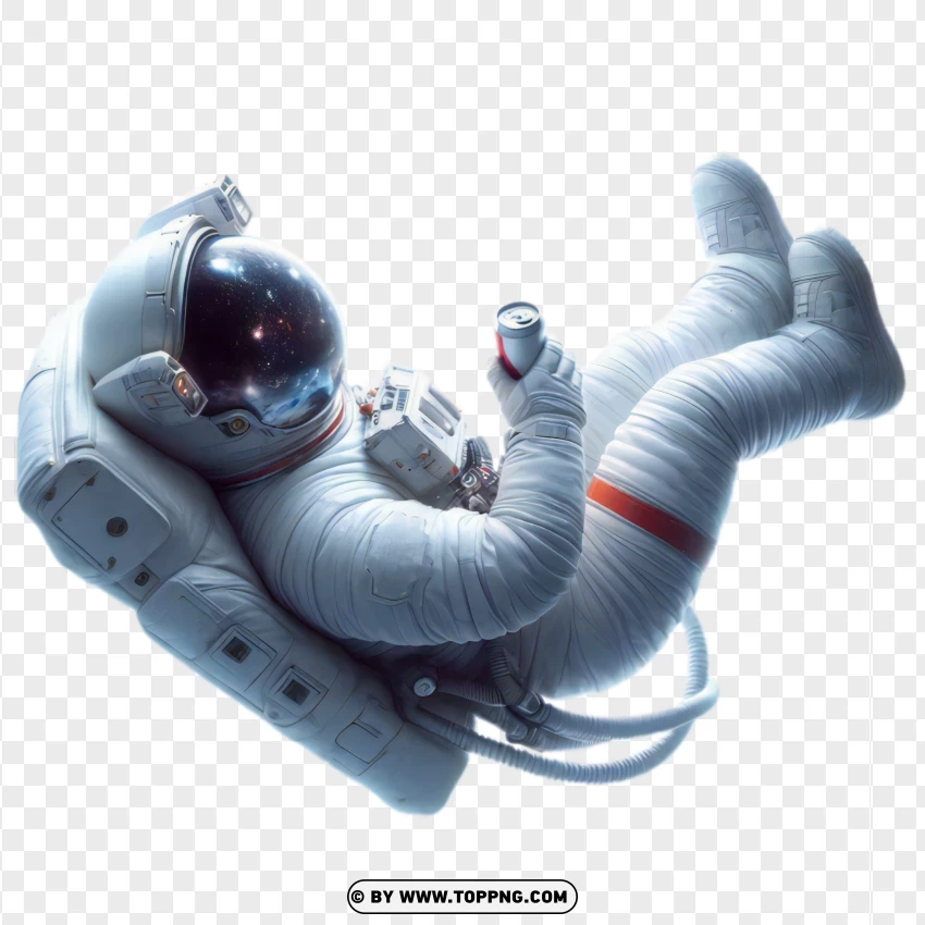 Reclining astronaut with a can of soda floating in space png