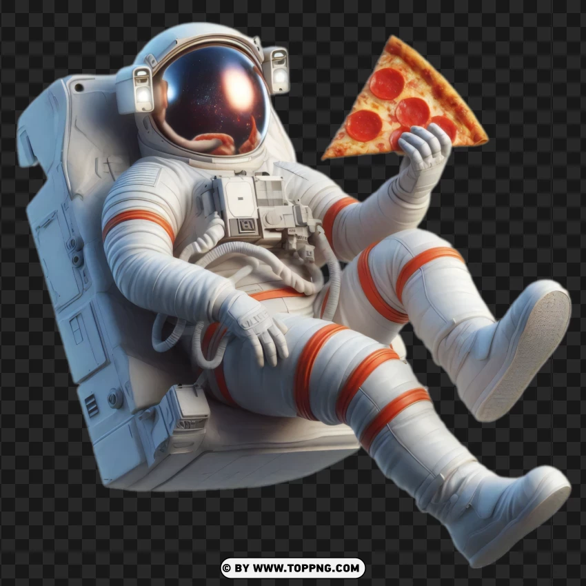 Astronaut sitting and holding a slice of pizza with pepperoni png