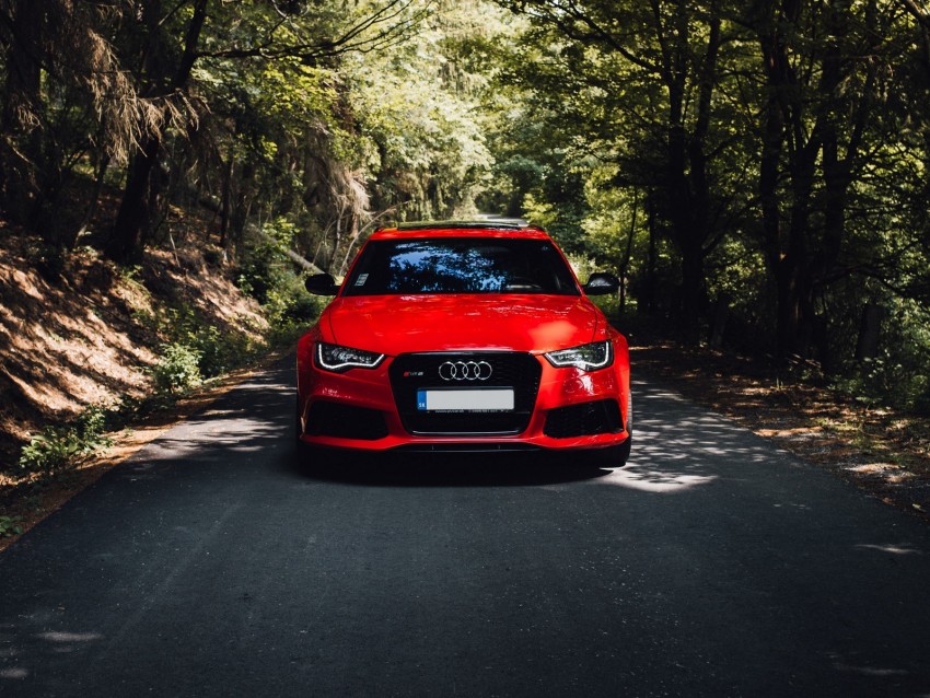 audi, red, car, front view, road, forest, trees
