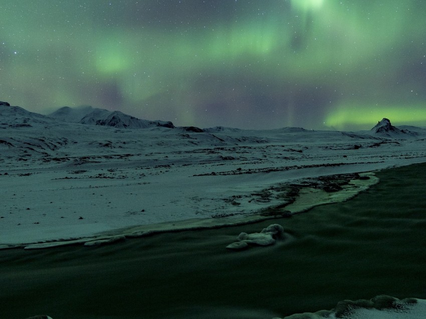 aurora, northern lights, snow, river, winter, ice