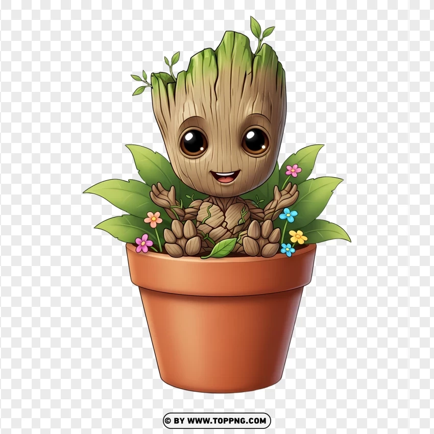Baby Groot Sitting In Plant Pot PNG Transparent Background