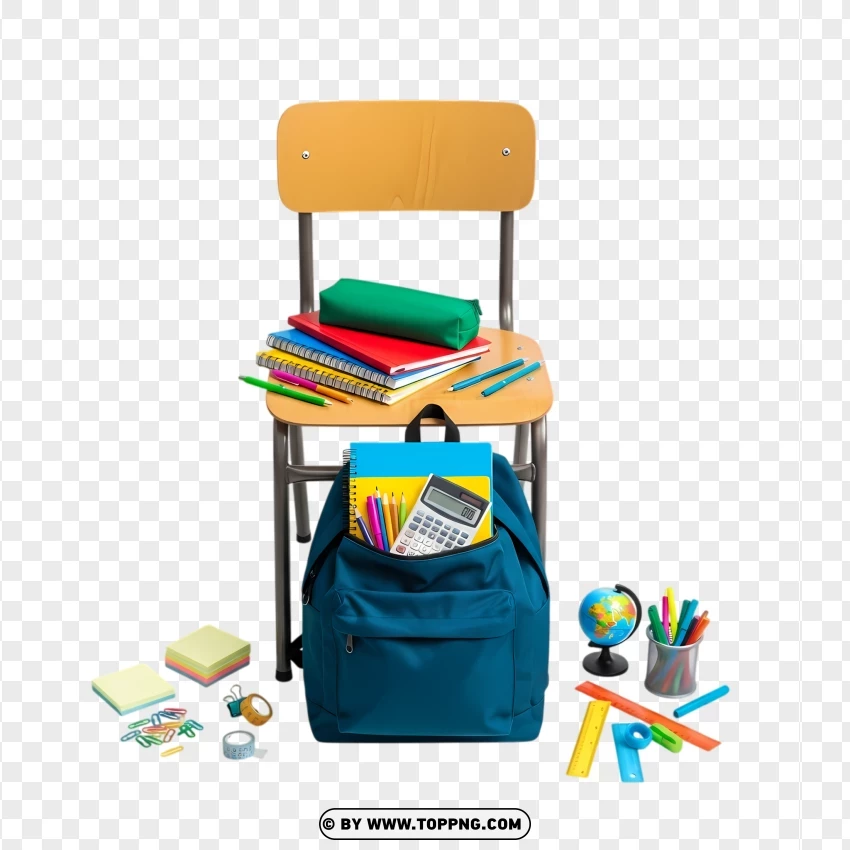 Backpack And Study Supplies On Wooden School Chair PNG Transparent Background