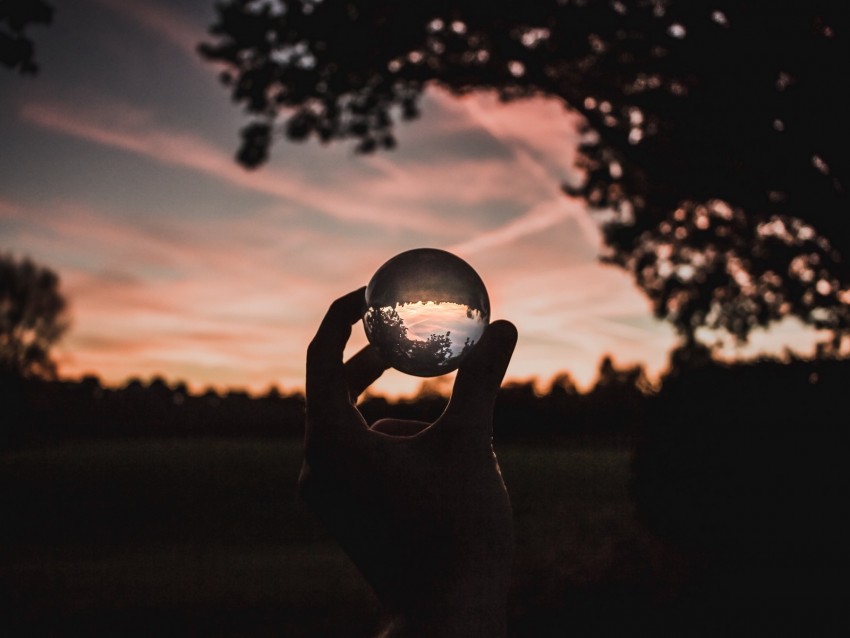 ball, glass, hand, sunset, transparent