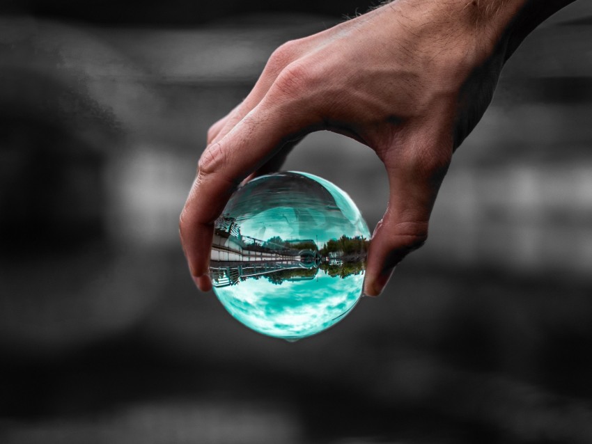 ball, glass, hand, transparent, reflection