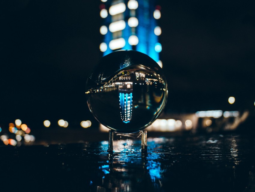 ball, glass, reflection, glare, bokeh, night
