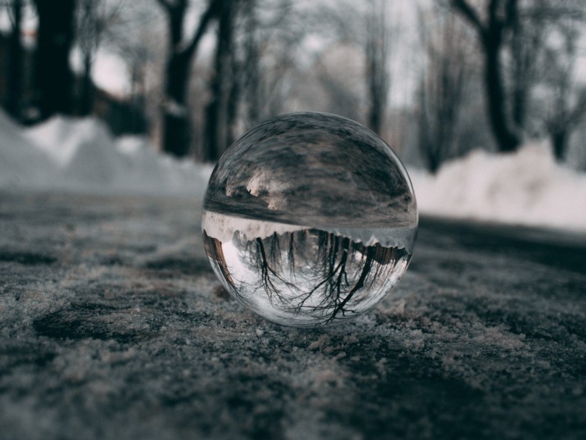 ball, glass, reflection, macro, blur, snow, trees