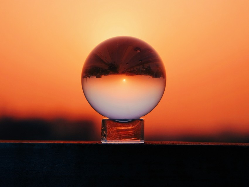 ball, glass, sunset, reflection, sky, macro