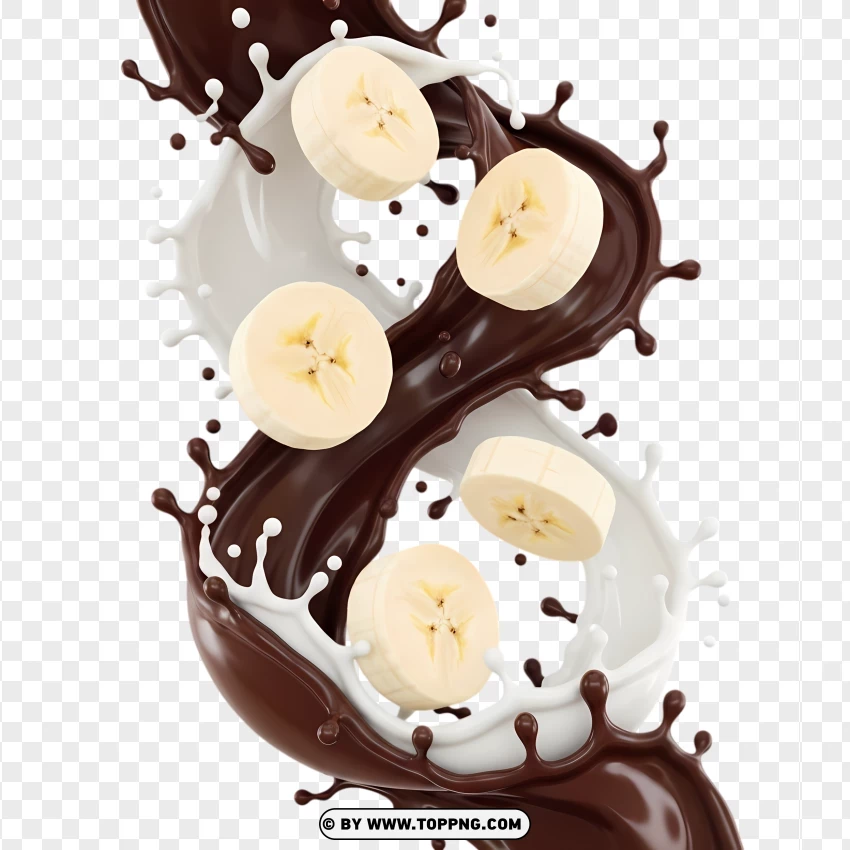 Banana Slice Fruit With Milk And Chocolate Splash Effect PNG Transparent Background