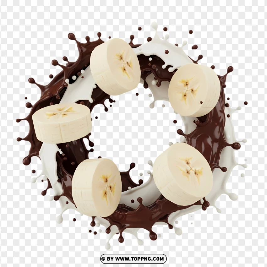 Banana Slices In Chocolate And Milk Splash PNG Transparent Background