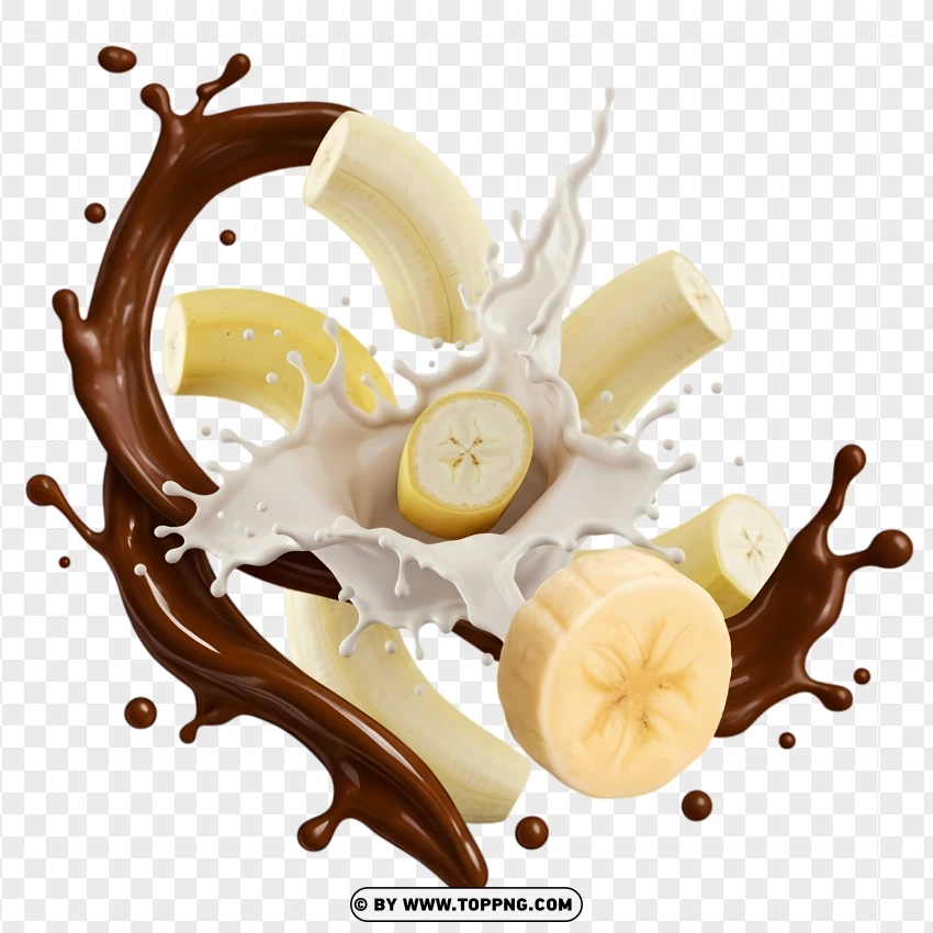 Banana Slices In Milk And Chocolate Splash PNG Transparent Background