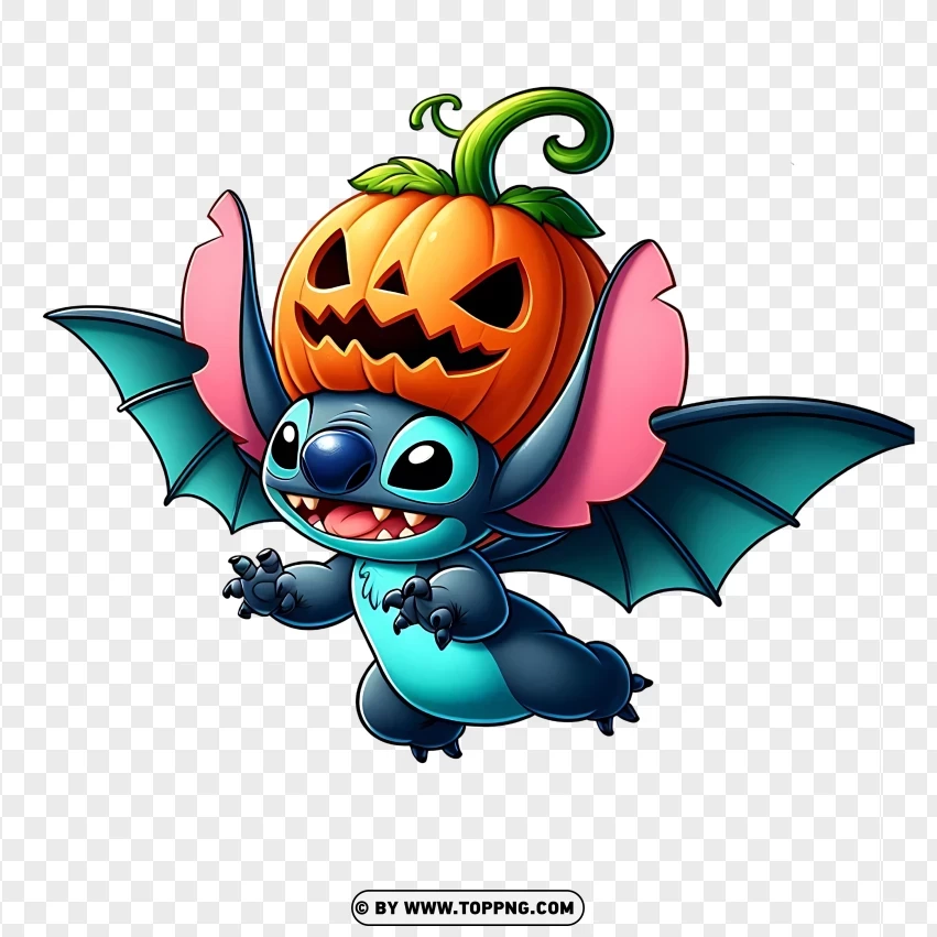 Stitch character with bat wings and a jack-o'-lantern on his head, flying with a Halloween theme on a transparent background