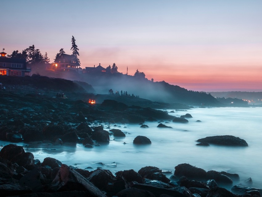 beach, fog, coast, sunset, camping, landscape, stones