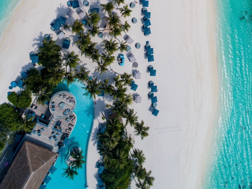 beach, island, aerial view, sea, palm trees, building, pool