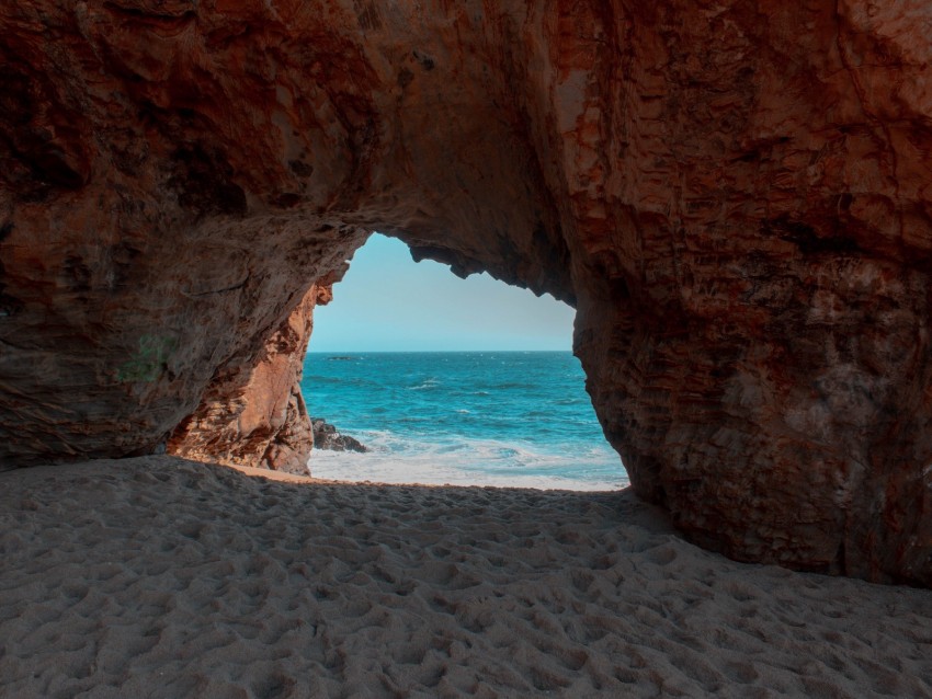 beach, rock, cave, sea, sand, water