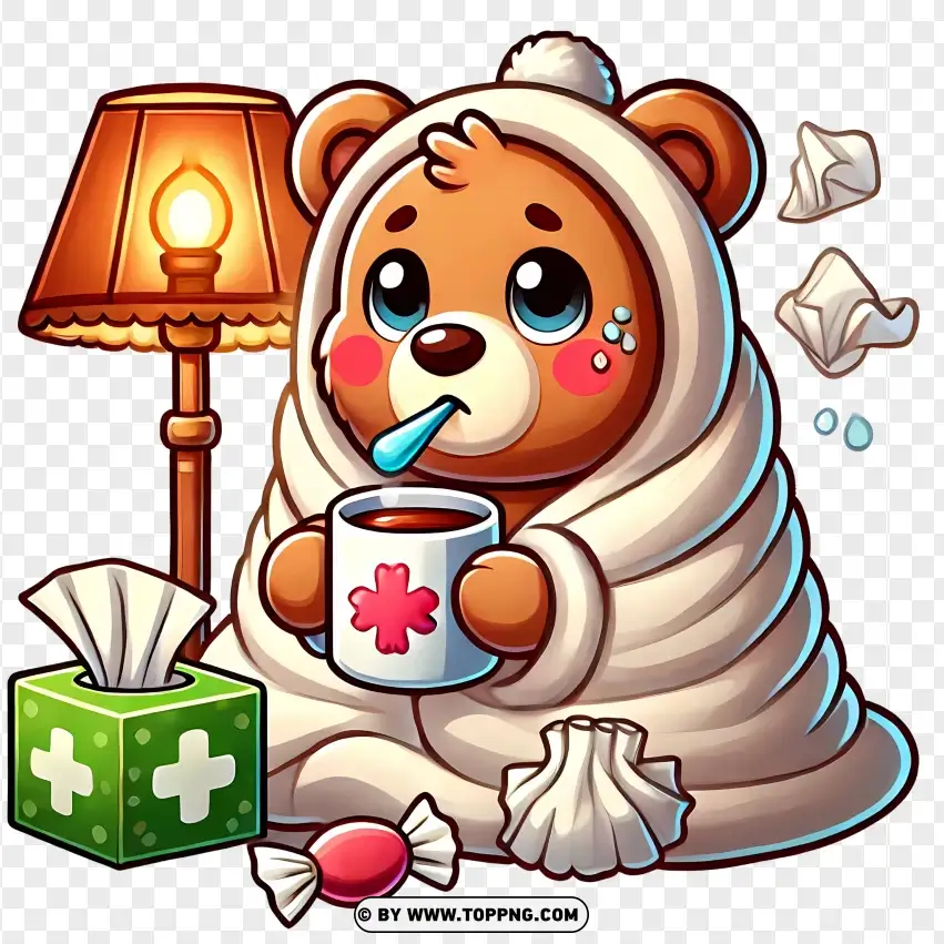 Bear Wrapped In Blanket With Medicine PNG Transparent Background