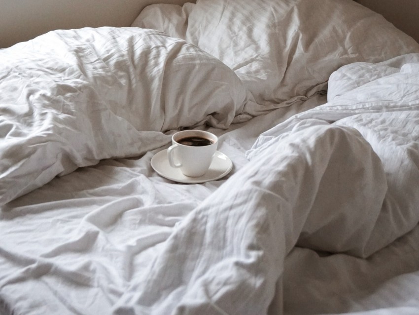bed, coffee, cup, pillows, white