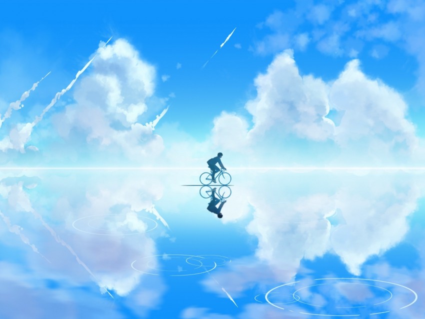 bicyclist, art, sky, clouds