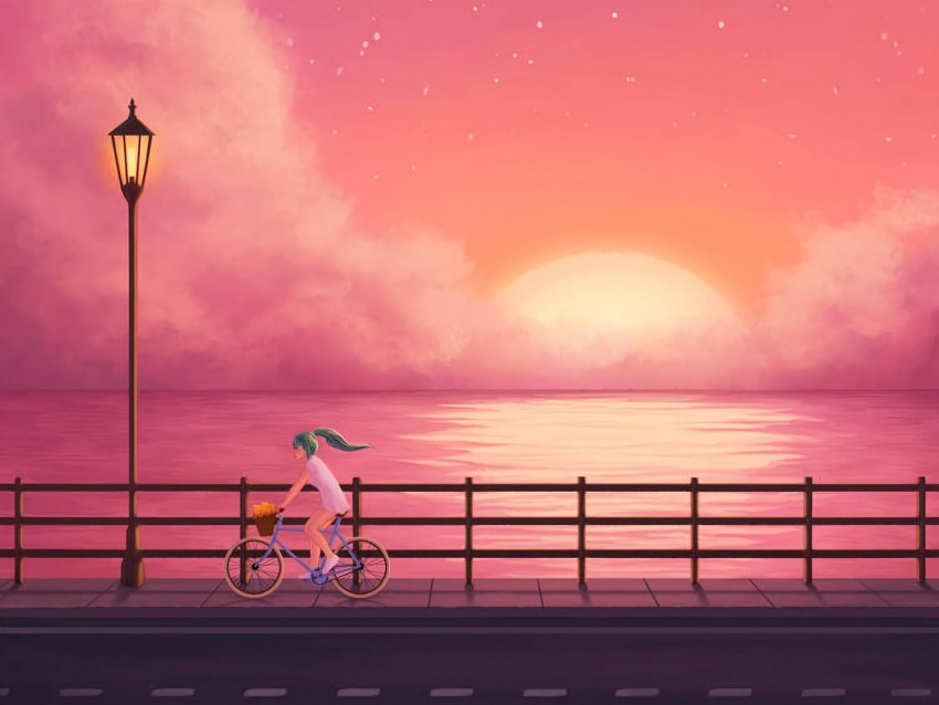 bicyclist, sea, art, girl, ride