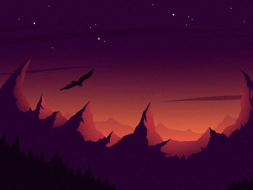 bird, silhouette, vector, mountains, art, sky