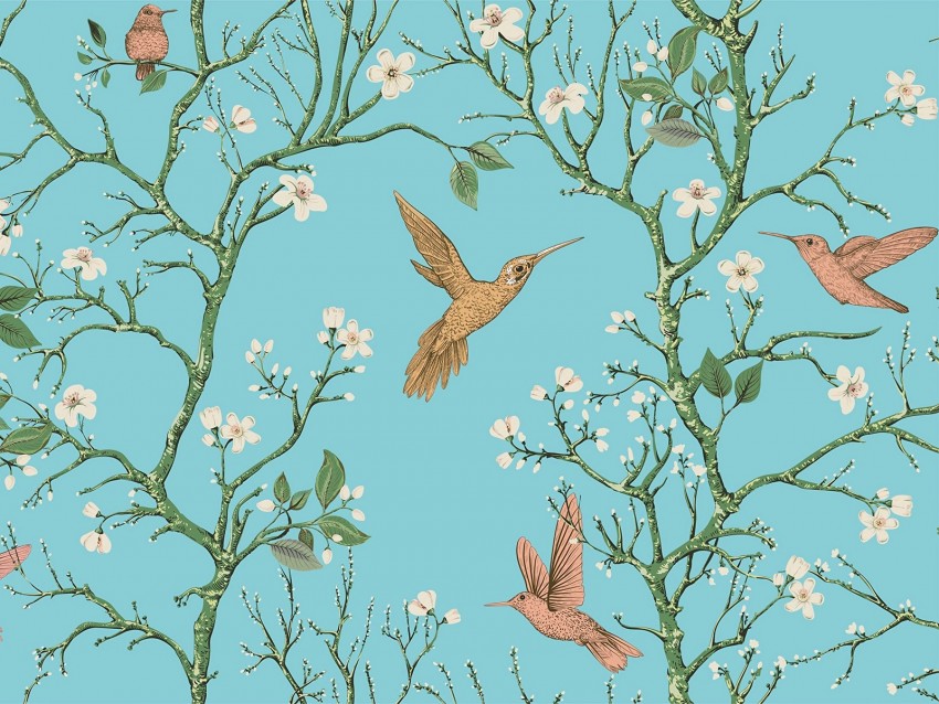 birds, branches, flowers, spring, pattern