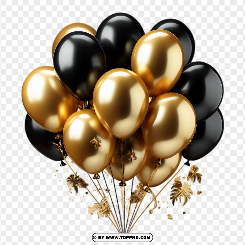 Black And Gold Balloons With Confetti Image PNG Transparent Background