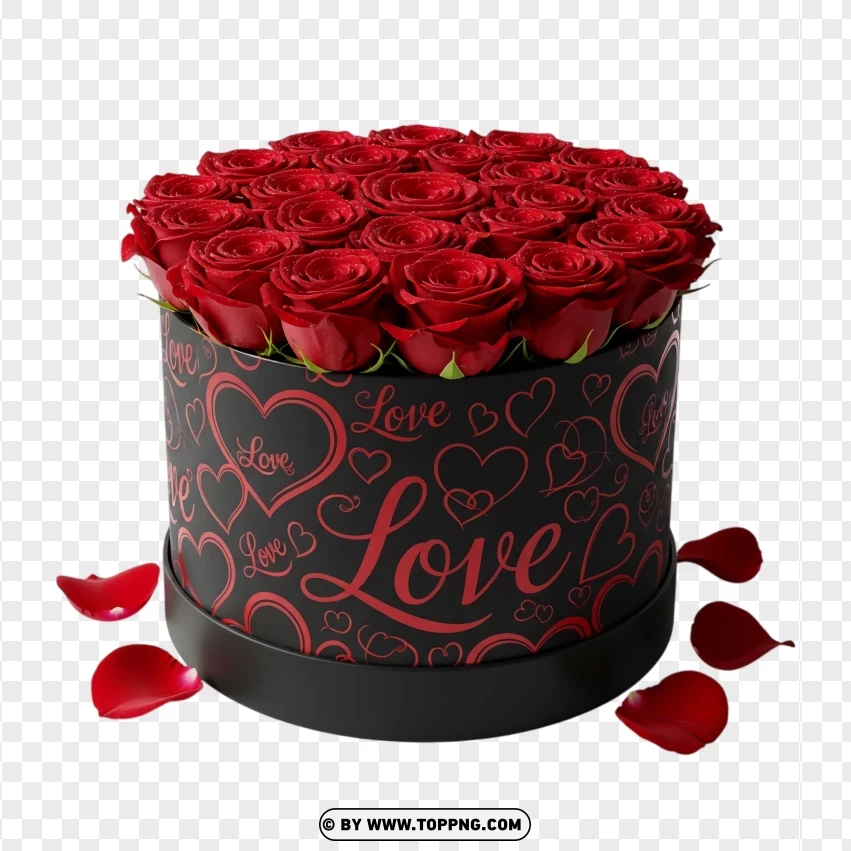 Black Box Round With Love Pattern Filled With Red Roses PNG Transparent Background