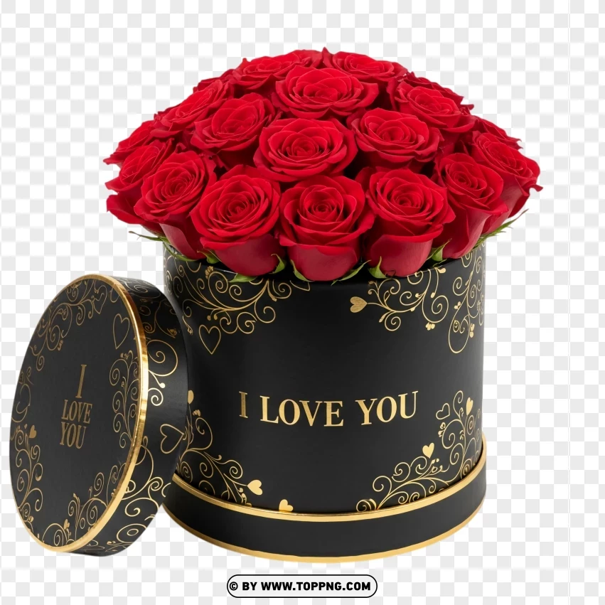Black Box With Red Roses With Gold I Love You Lettering PNG Transparent Background