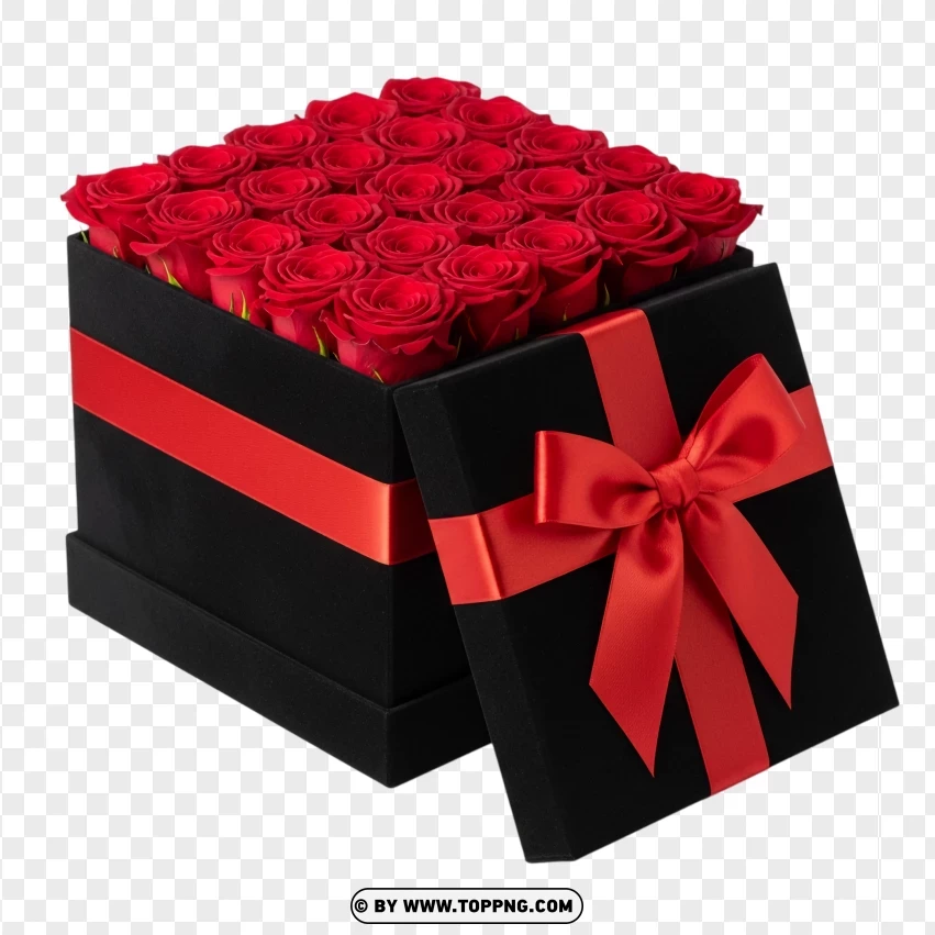 Black Gift Box With Red Roses Romantic Bouquet PNG Transparent Background