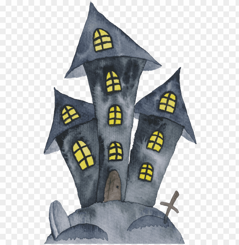 Black Hand Painted Haunted House Halloween Transparent - Watercolor Halloween Clipart PNG Image With Transparent Background