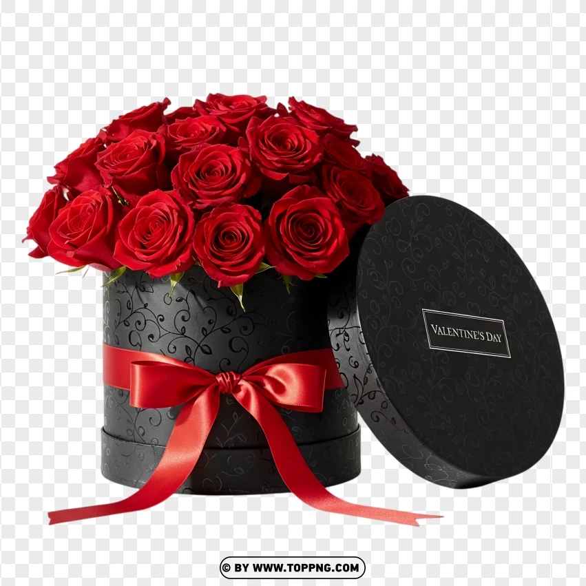 Black Hatbox With Red Roses Bouquet PNG Transparent Background