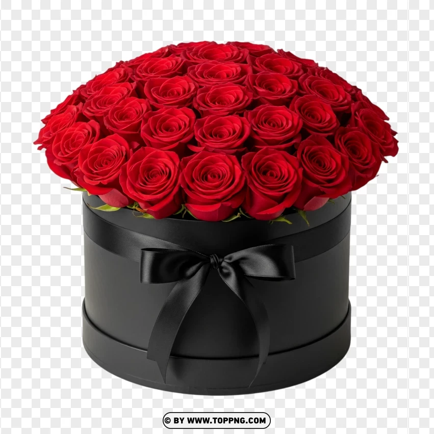 Black Round Box Filled With Red Roses Flower Gift PNG Transparent Background
