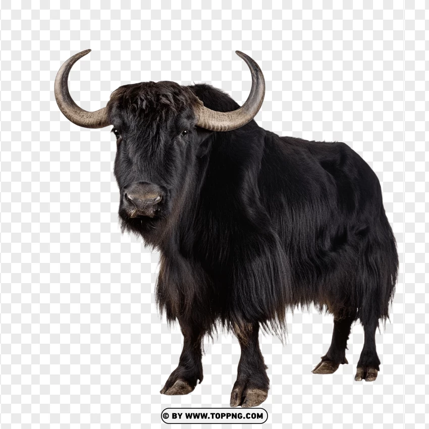 Furry Black Yak Standing Profile PNG Transparent Background