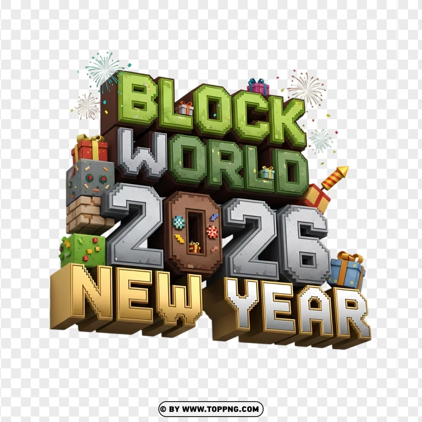 Block World 2026 New Year Gaming Typography PNG Transparent Background