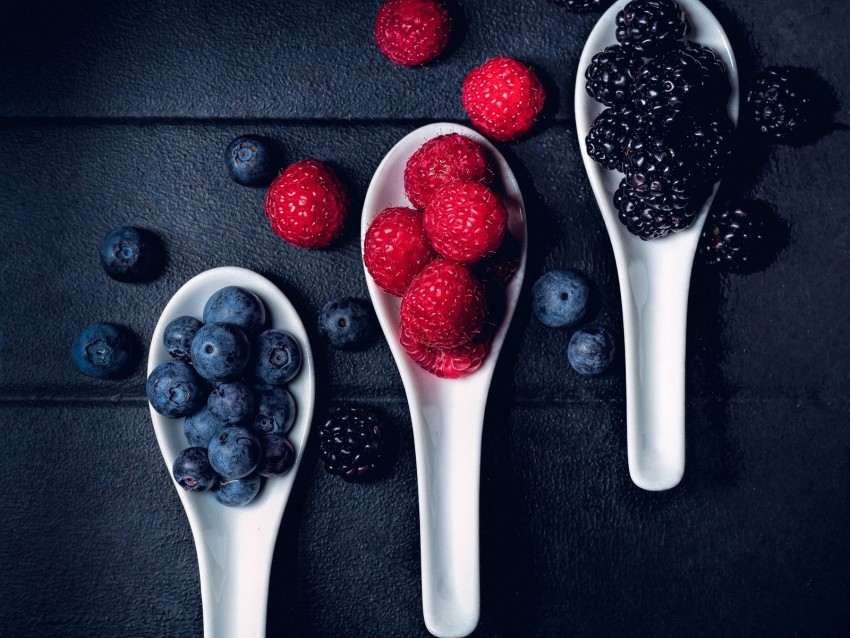 blueberries, raspberries, berries, fresh, spoons