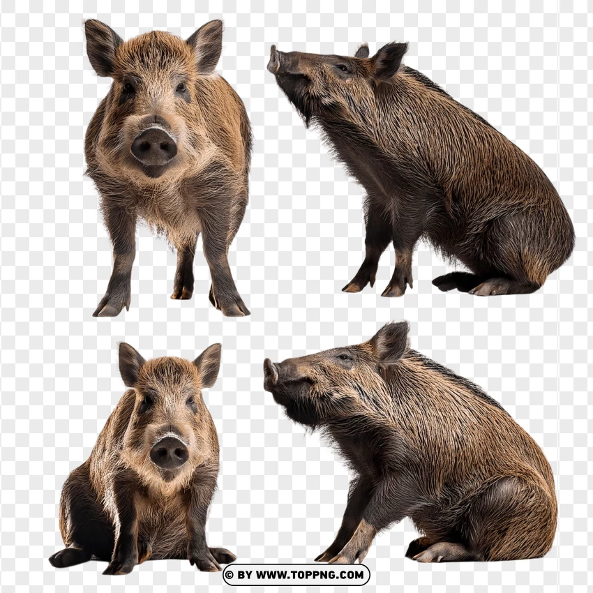 Group Of Boars In Natural Wildlife Poses PNG Transparent Background