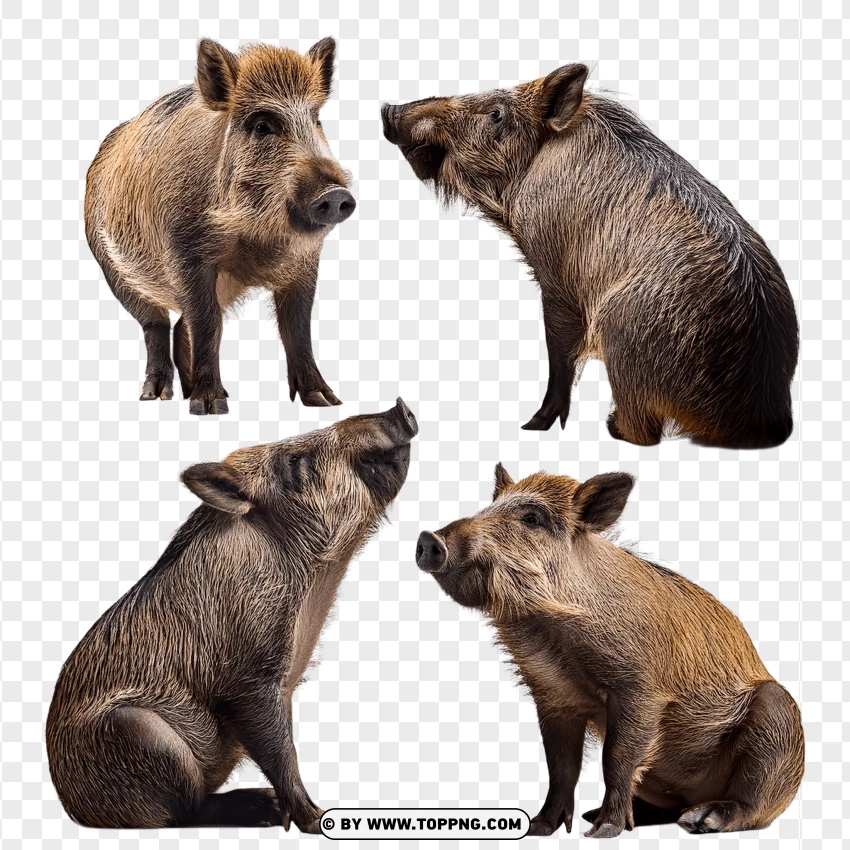 Three Wild Boars In Standing And Walking Poses PNG Transparent Background