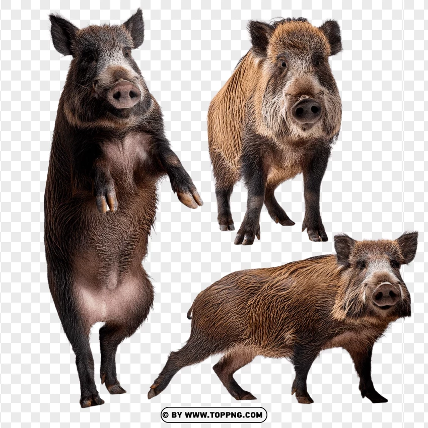 Group Of Wild Boars In Various Natural Poses PNG Transparent Background