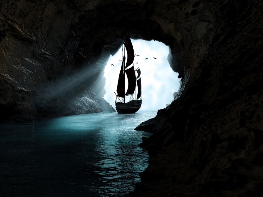 boat, cave, water, art, dark