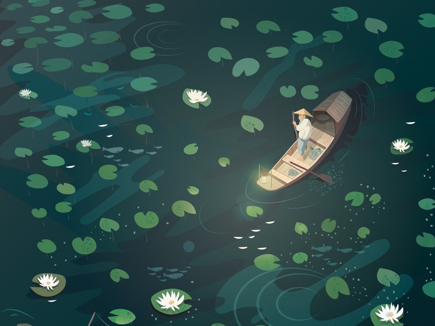 boat, fisherman, water lilies, art