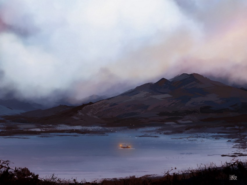 boat, fog, art, lake