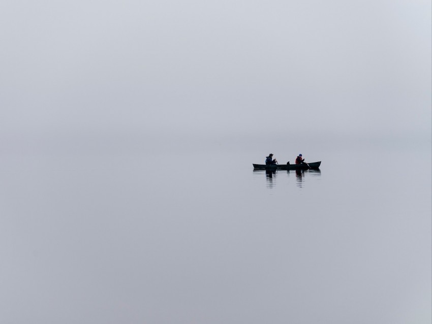 boat, lake, fog, minimalism, gray