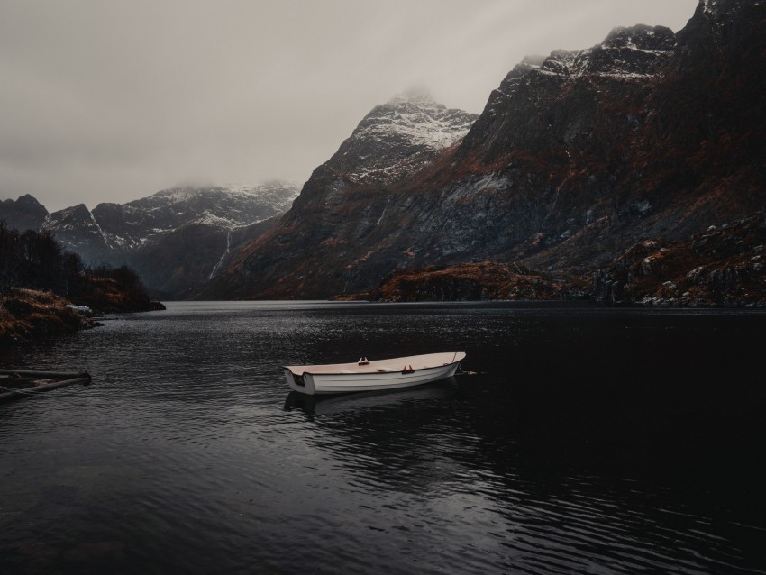 boat, lake, mountains, fog