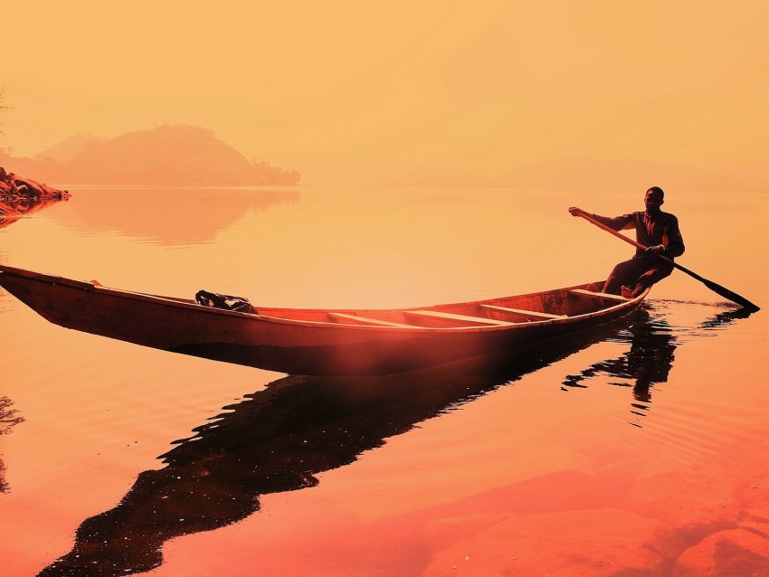 boat, man, sunset, sea