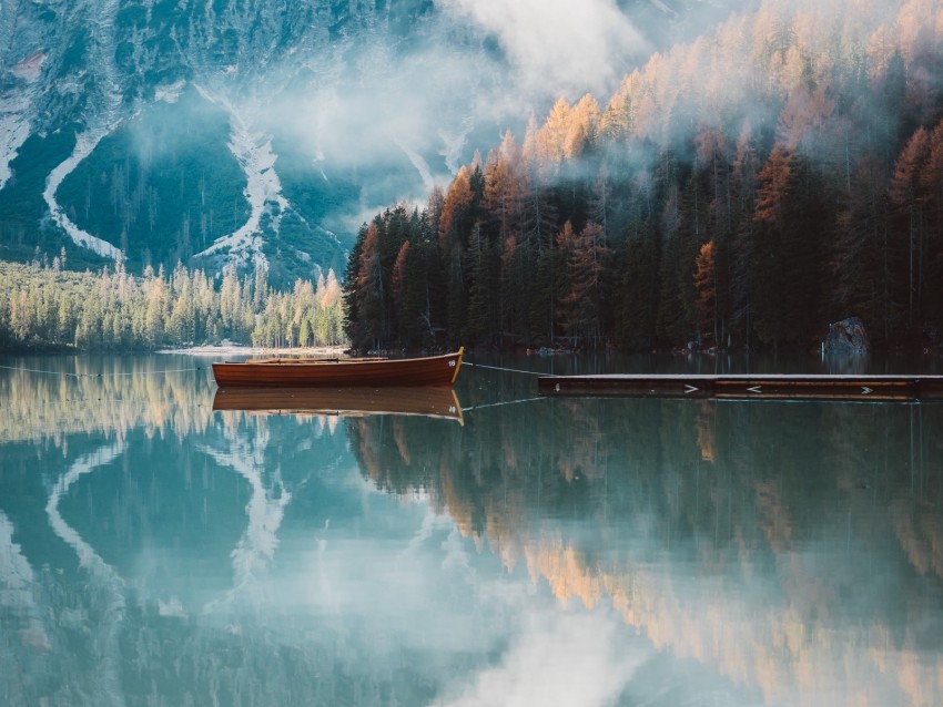 boat, mountains, lake, trees, autumn