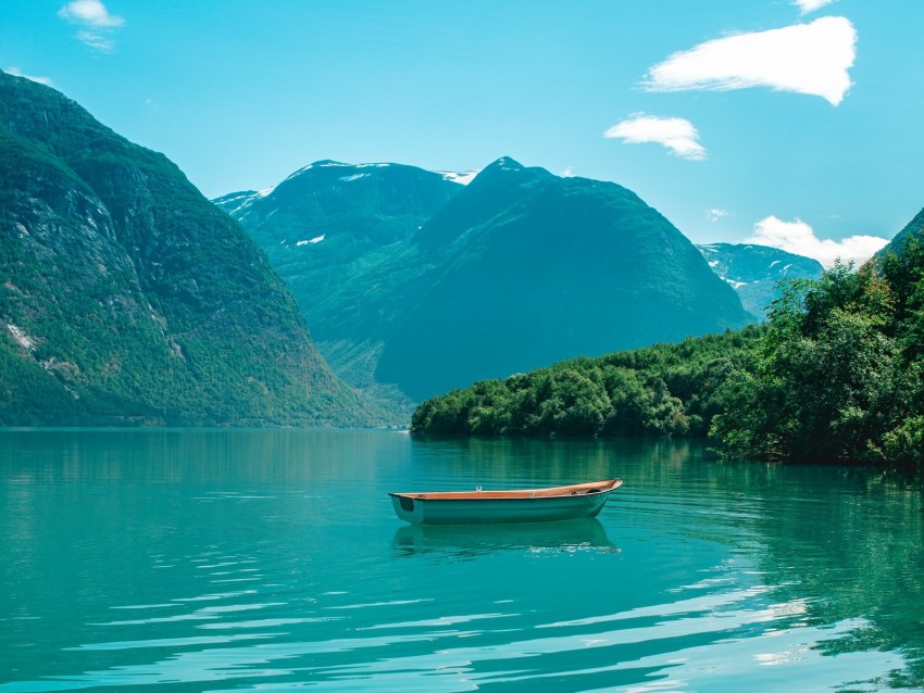 boat, mountains, lake, water, horizon