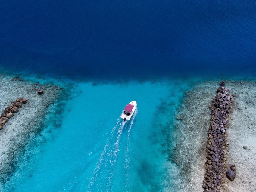 boat, ocean, stones, aerial view