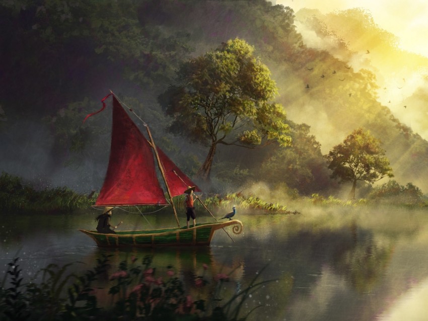 boat, river, art, fog, dawn